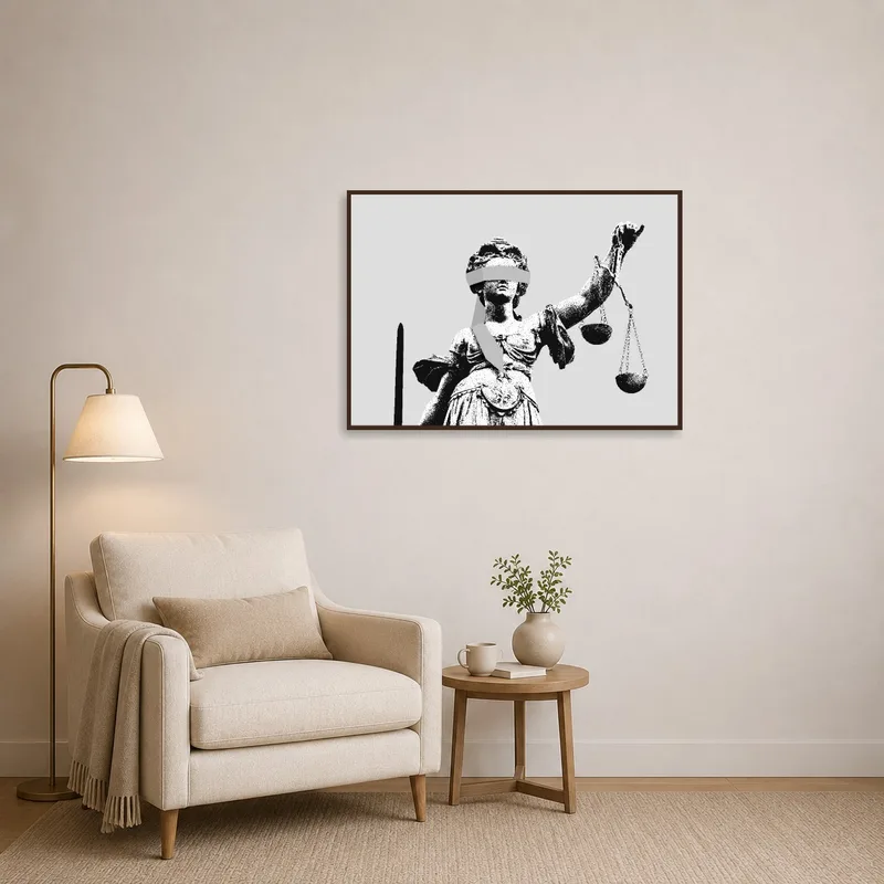 Lady Justice art print displayed in a cozy reading nook.