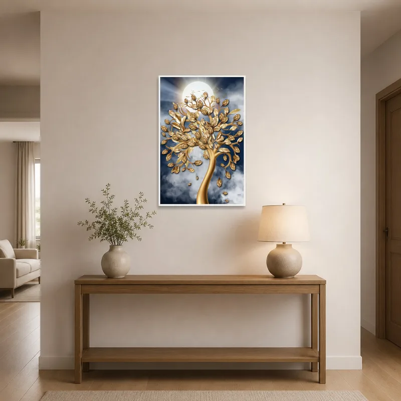Entrance hall adorned with Luminous Tree Art, its golden leaves adding charm to the entryway.