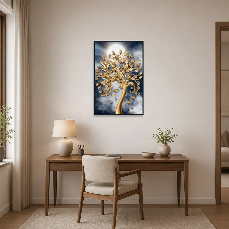 Home office decorated with Luminous Tree Art, its golden leaves bringing warmth to the workspace.