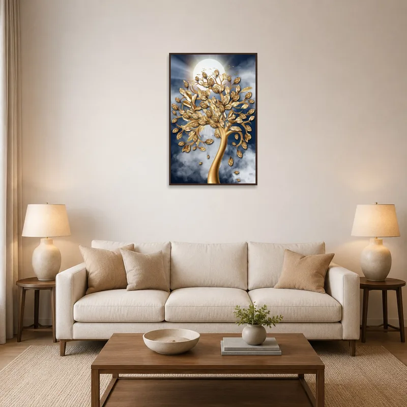 A living room with Luminous Tree Art featuring golden leaves on a central wall.
