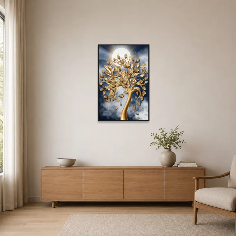 Minimalist room showcasing Luminous Tree Art with golden leaves against a plain background.