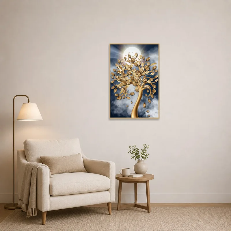 Reading corner enhanced by Luminous Tree Art depicting a tree with shimmering golden foliage.
