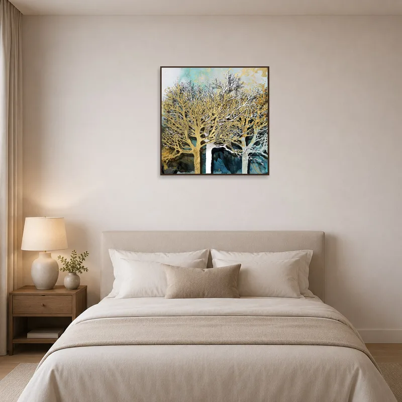Bedroom featuring a serene abstract landscape with luminous tree designs.