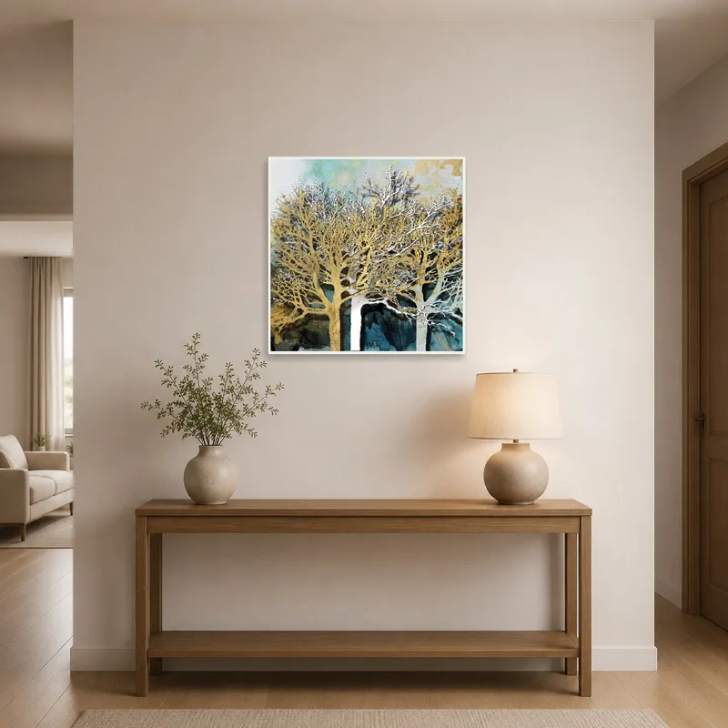 Entrance hall adorned with a vibrant scene of luminous trees in an abstract setting.