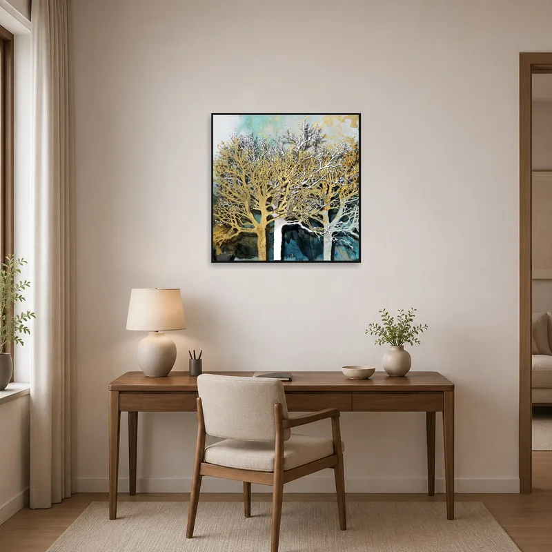 Home office with a striking abstract landscape of luminous trees on the wall.