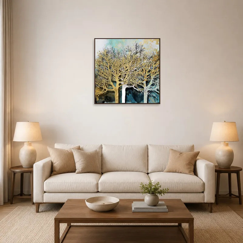 Abstract landscape art featuring luminous trees in a cozy living room setting.