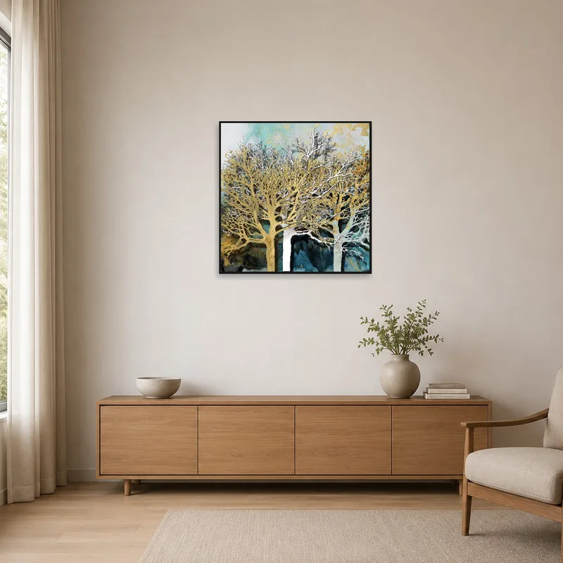 Minimalist space showcasing luminous trees in an abstract landscape design.