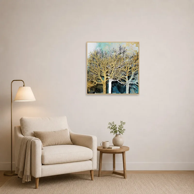 A reading corner highlighted by luminous abstract trees enhancing the cozy atmosphere.