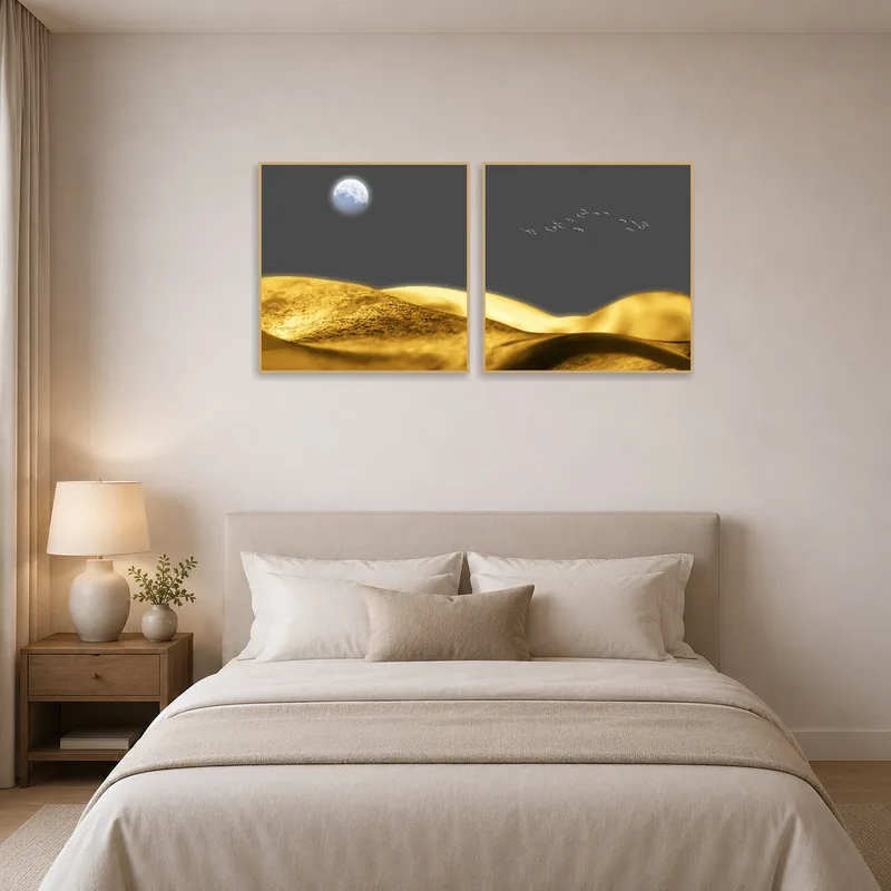 Blue and gold waves bring serenity to the bedroom.