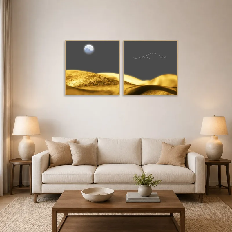 Coastal scene in blue and gold accents the living room.