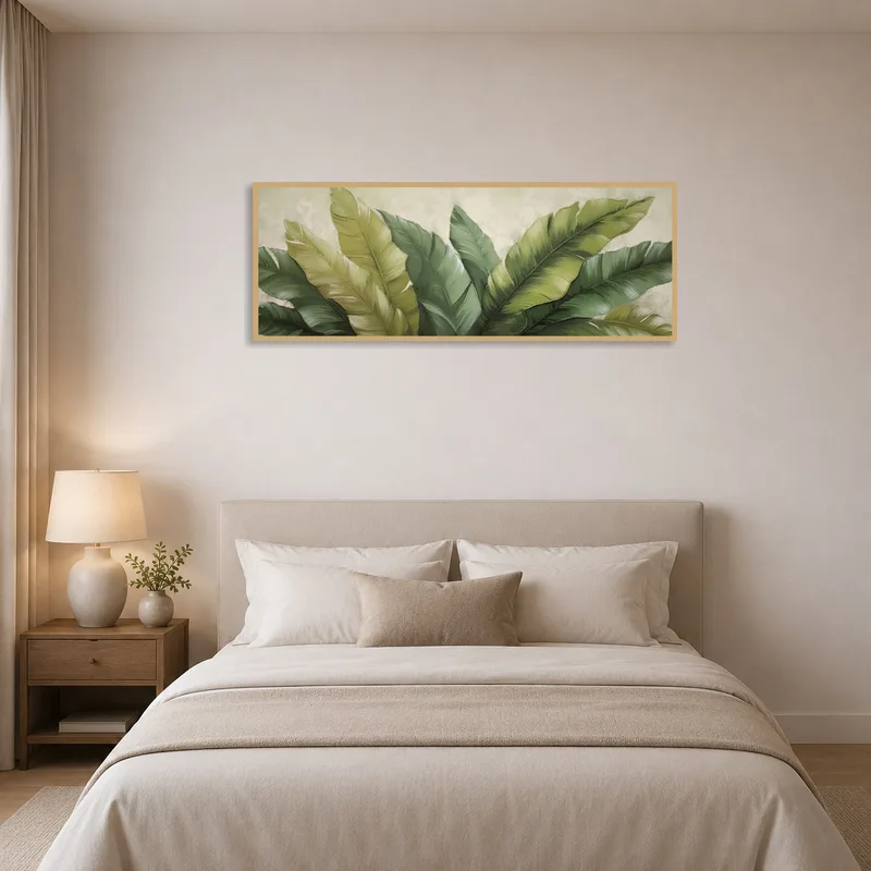 The scenic greenery print brings tranquility to the bedroom wall.