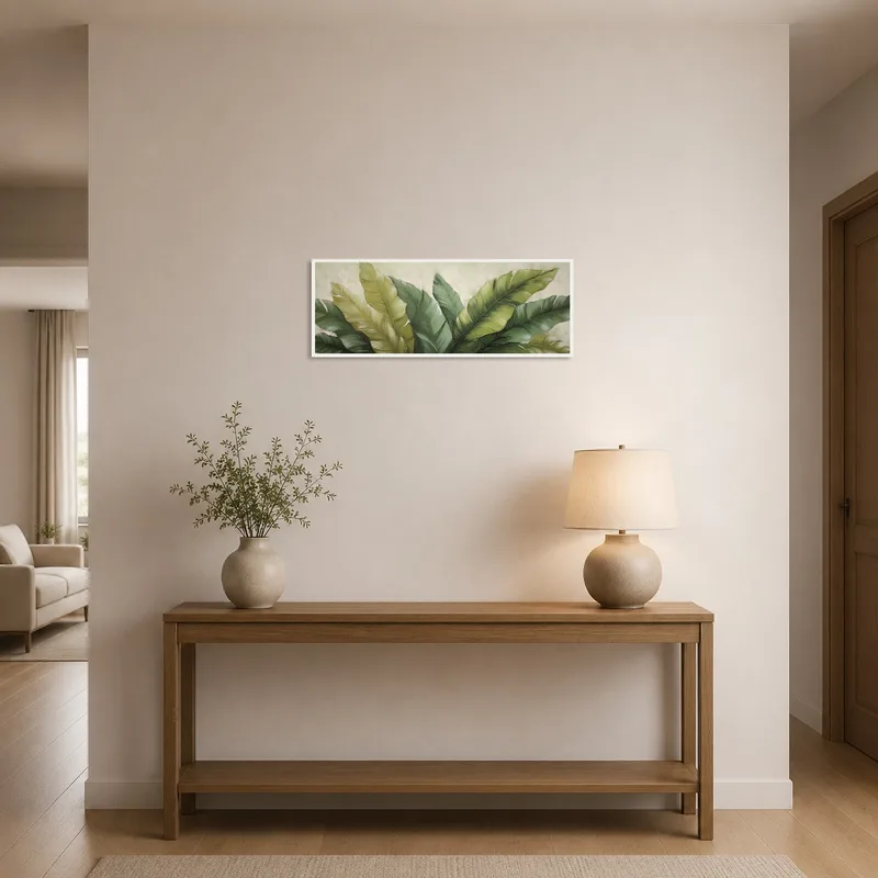 A lush greenery print offers warmth and freshness in the entrance hall.