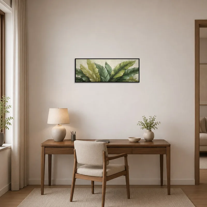 Greenery art piece introduces a refreshing touch to the home office.