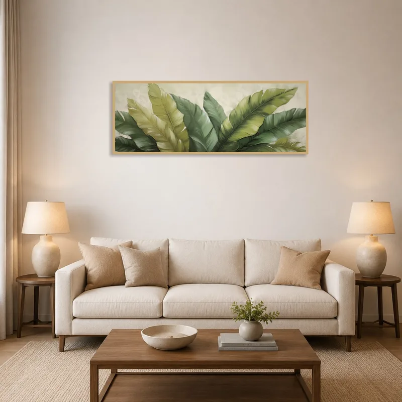 A vibrant botanical print adds life above the living room sofa.