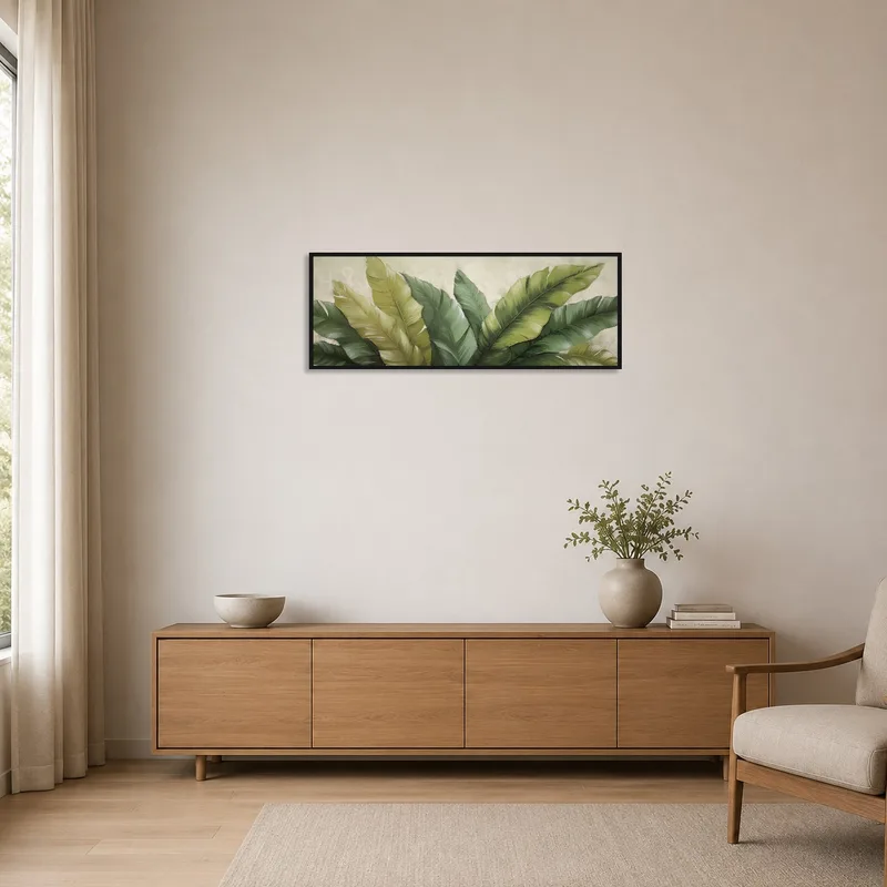 Botanical artwork enhances the clean lines of the minimalist space.
