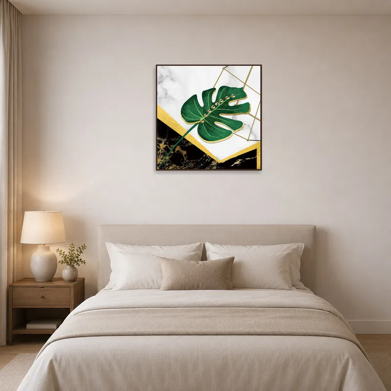 Luxe Monstera Leaf art featured in a serene bedroom above the bed.