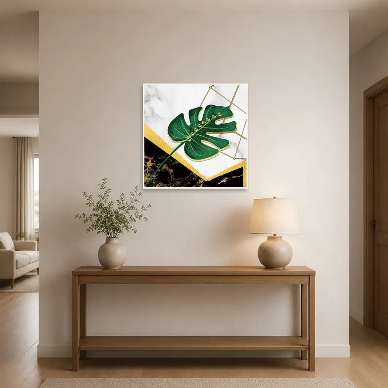 Entrance hall displaying the Luxe Monstera Leaf art print above a console table.