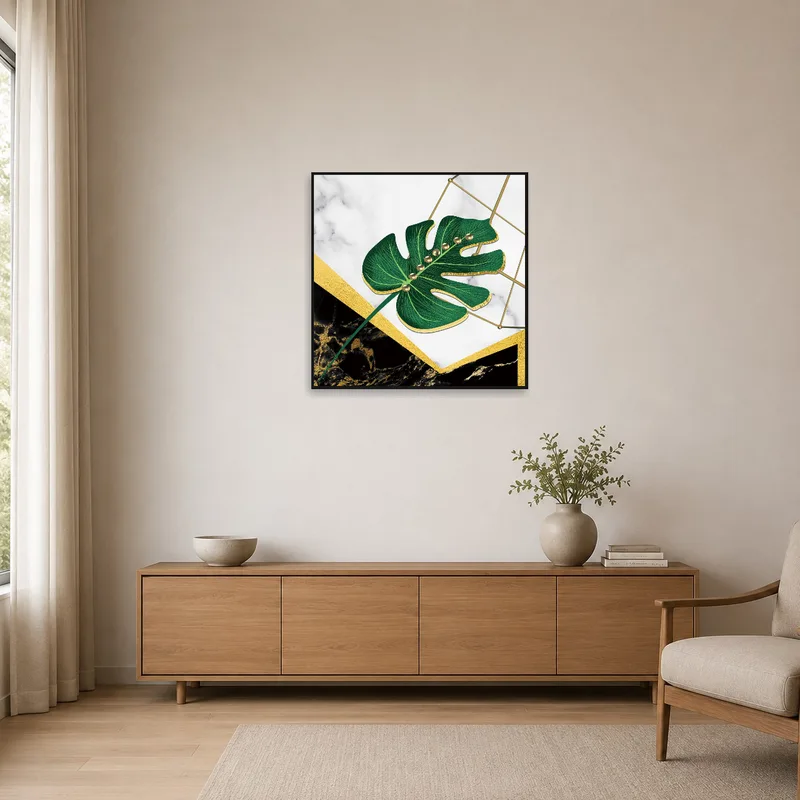 Luxe Monstera Leaf print in a minimalist room with simple decor and neutral colors.