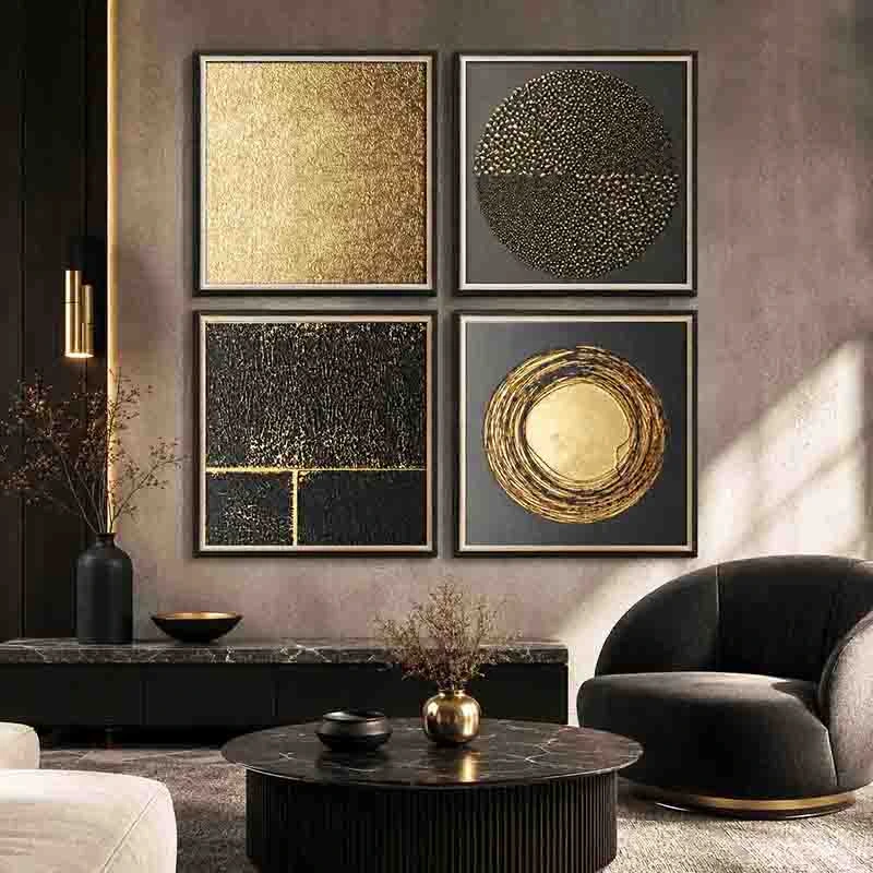 Gold and black art providing elegance to a serene bedroom space.