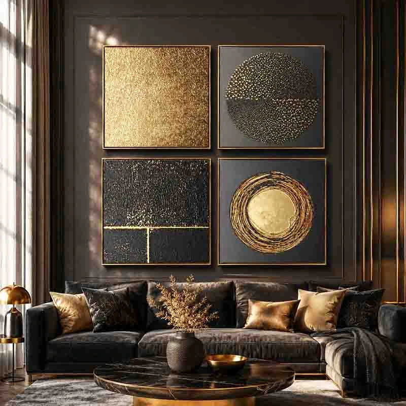 Gold and black textured art in an entrance hall adding elegance by the door.