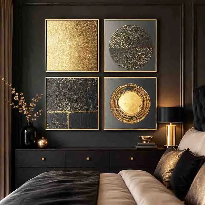 Textured art set enhancing the sophistication of a modern home office.