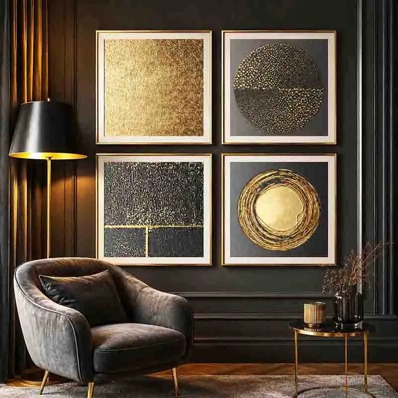 Art set with gold and black texture on a living room wall above a stylish sofa.
