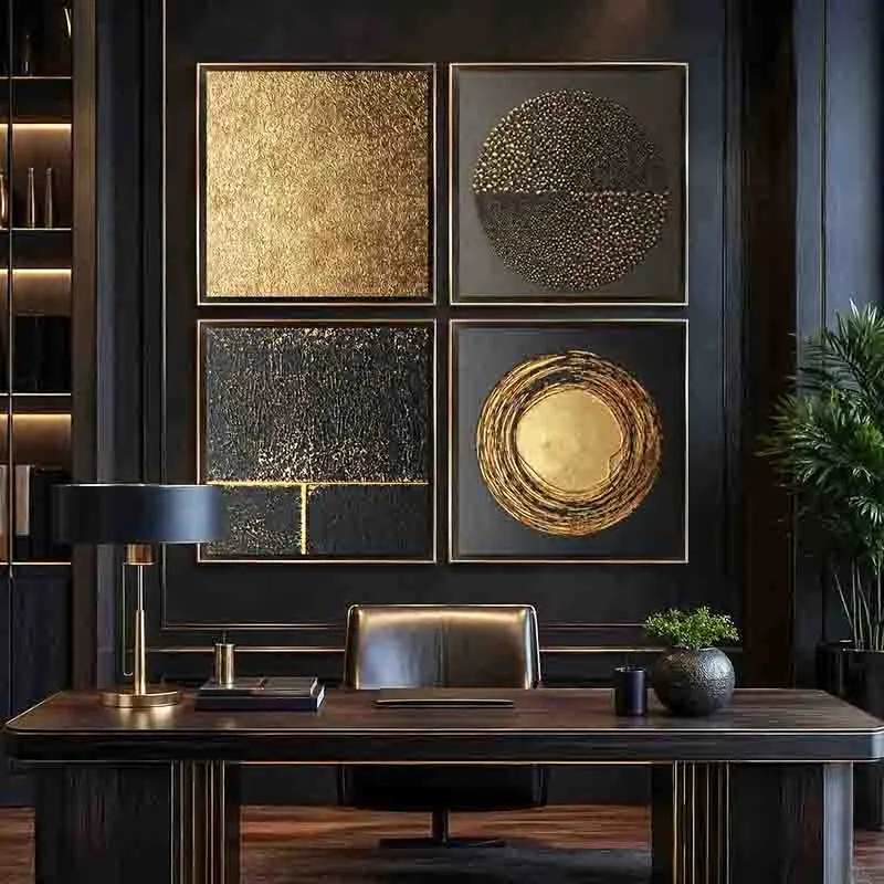 Luxurious textured art set in a cozy reading corner with a plush chair.