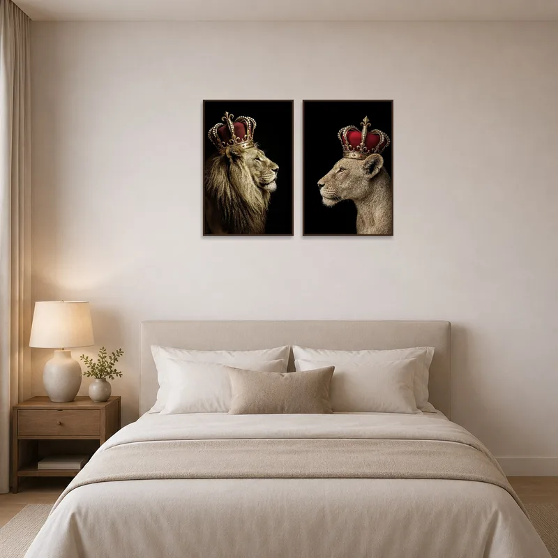 Serene bedroom complemented by majestic lion and lioness art set for a tranquil atmosphere.