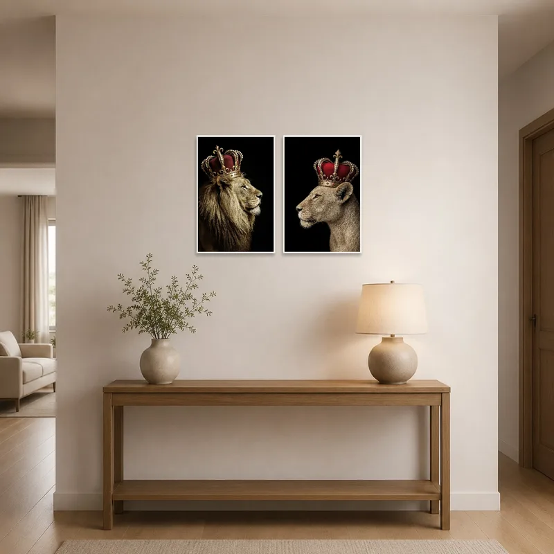 Grand lion and lioness art set welcomes guests in entrance hall with striking regal presence.