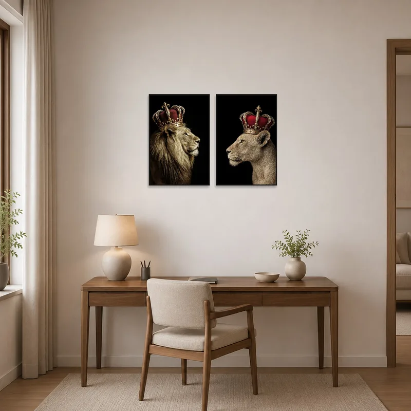 Elegant home office decorated with majestic lion and lioness art set, sparking motivation.