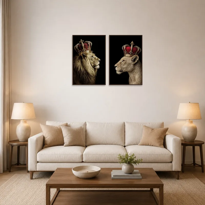 Majestic lion and lioness art set adorns living room wall, standing out amidst cozy furnishings.