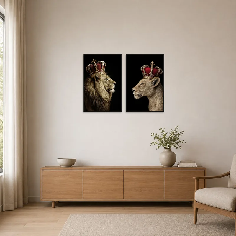 Art set featuring crowned lion pair enhances the serene aesthetic of a minimalist space.
