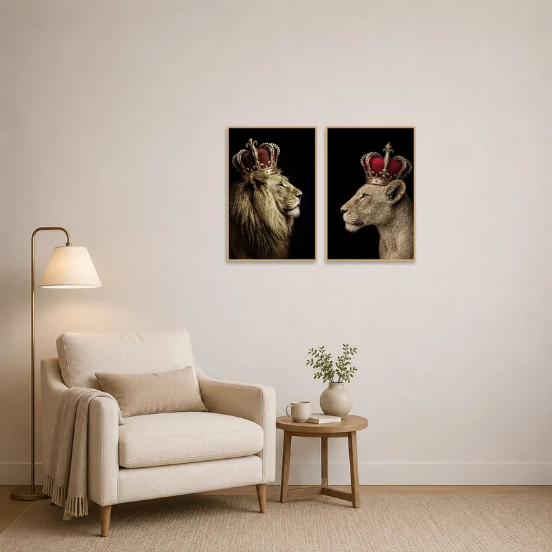 Crowned lion and lioness art set brings an element of inspiration to a cozy reading corner.