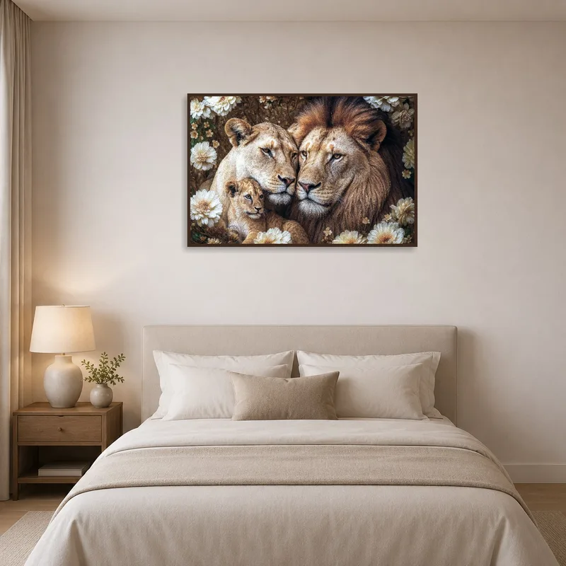 Bedroom wall feature of majestic lions surrounded by flowers.