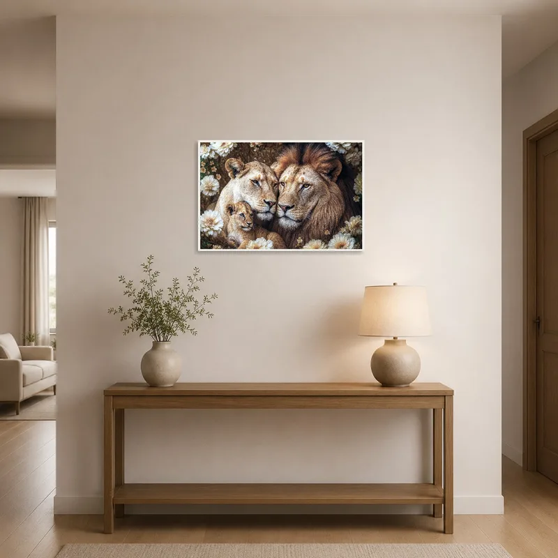 Entrance hall adorned with a lion family portrait in floral backdrop.