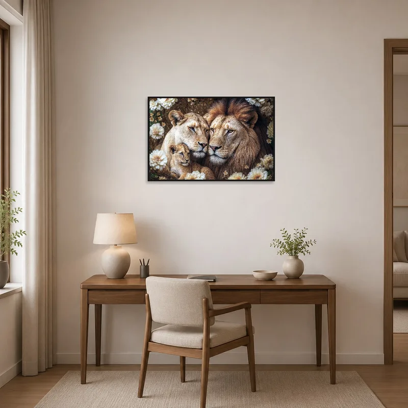 Home office wall showcasing a lion family in a floral setting.