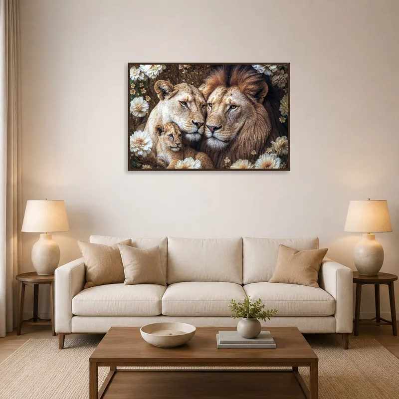 Lion family floral portrait on living room wall above a cozy seating area.