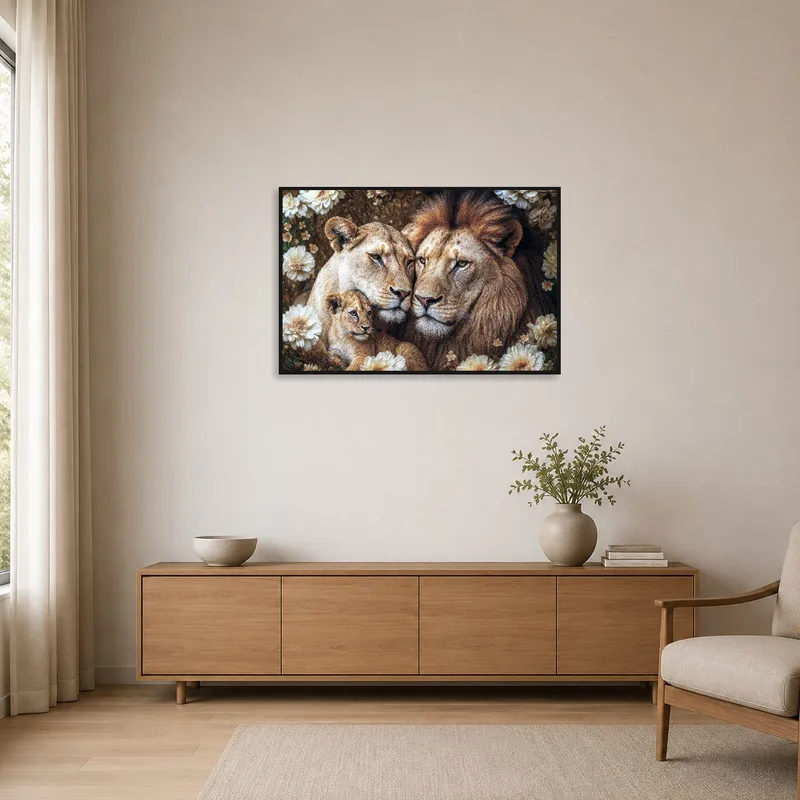 Majestic lion portrait complements the minimalist room's clean lines.
