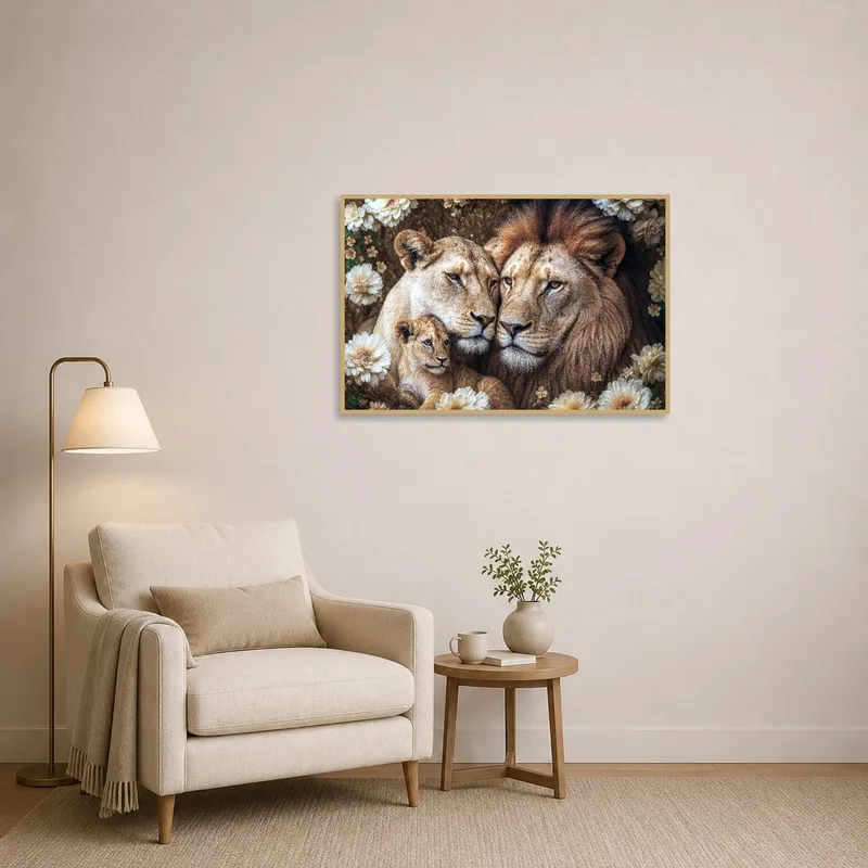 Reading corner with a lion family artwork, adding a serene touch.