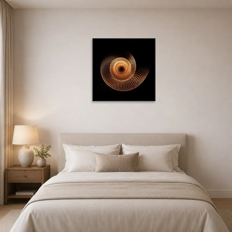 Calming bedroom wall adorned with geometric spiral art.