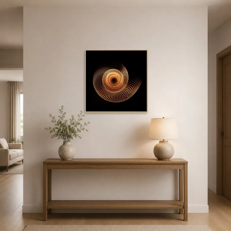 Entrance hall enhanced by a geometric spiral art piece.