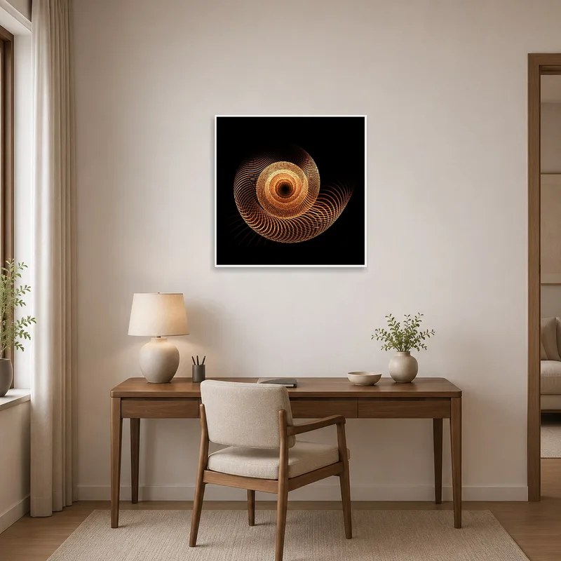 Home office energized by a geometric spiral art piece.