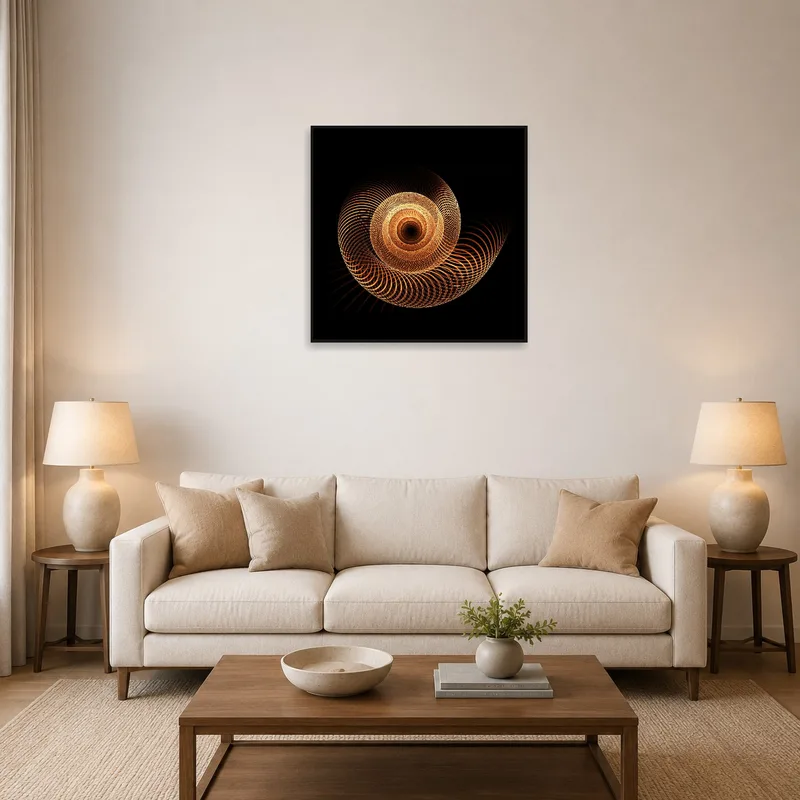 Geometric spiral art piece adorning a lively living room wall.