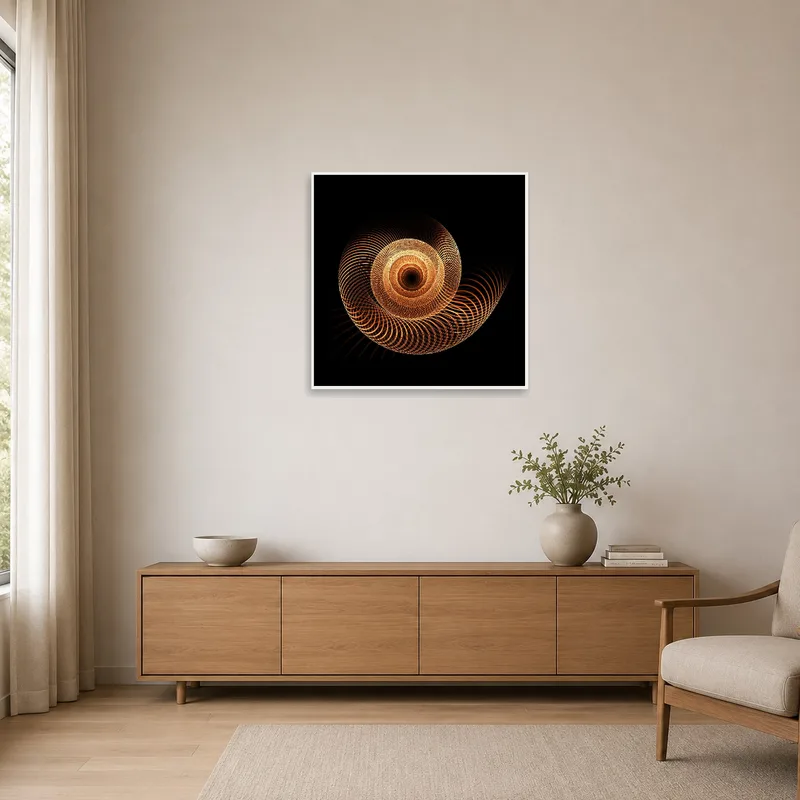 Geometric spiral art adding intrigue to a minimalist space.