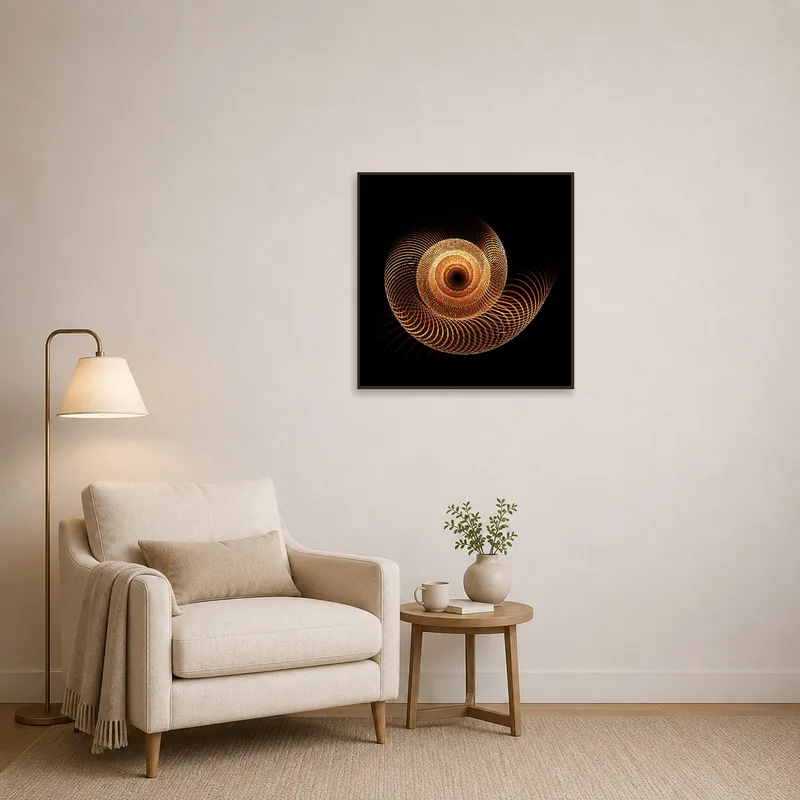 Reading corner featuring a captivating geometric spiral piece.