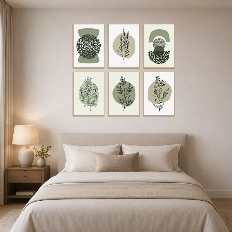 Serene minimalist art set featured in a tranquil bedroom.