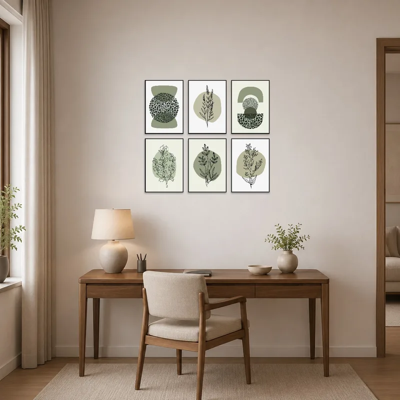 Stylish botanical and geometric art set adorns a home office wall.