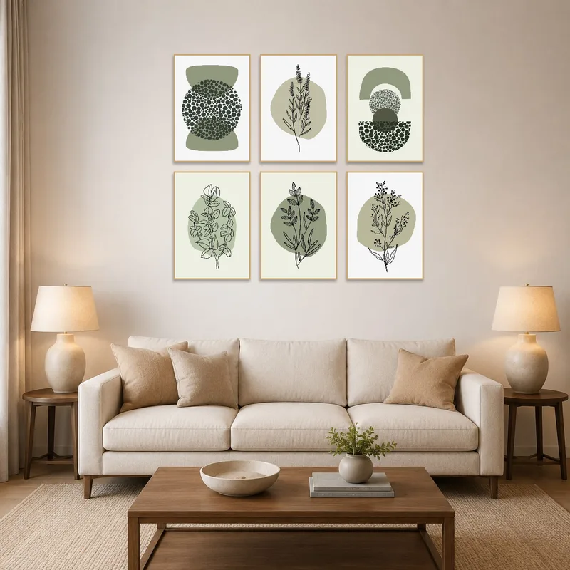 Minimalist botanical geometric art set displayed in a modern living room.