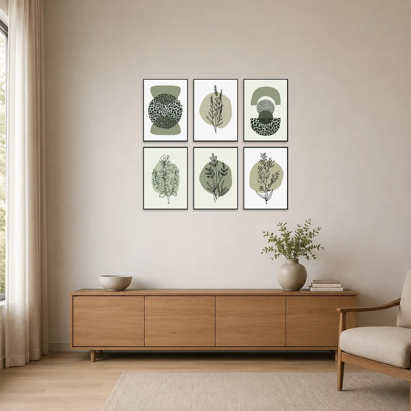 Simple botanical and geometric prints enhance a minimalist setting.