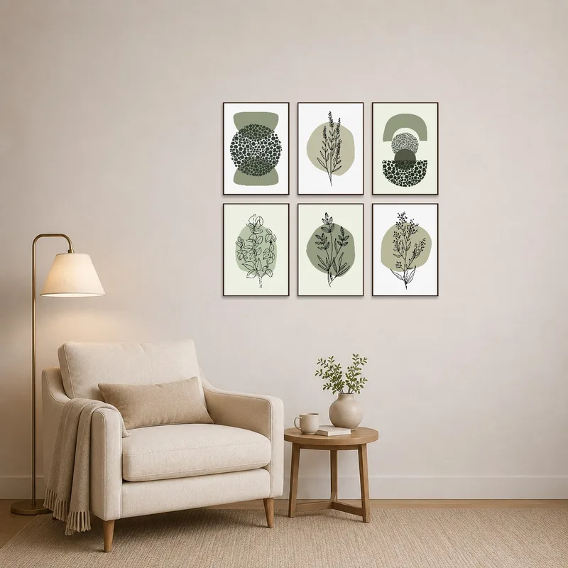 Botanical geometric art complements a cozy reading corner.